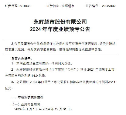 永辉超市：预计2024年亏损14亿元